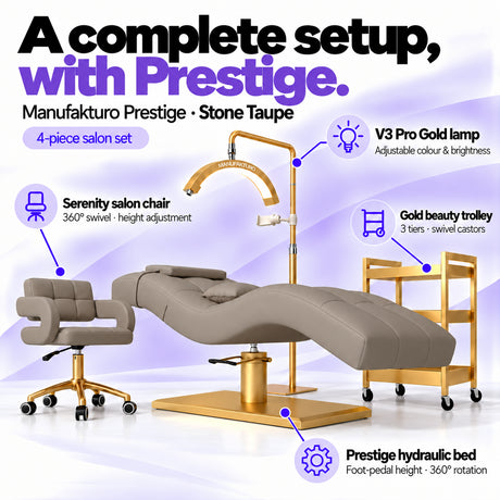 Manufakturo Prestige Stone Taupe four-piece salon set features: hydraulic bed, Serenity chair, V3 Pro Gold lamp and gold trolley.