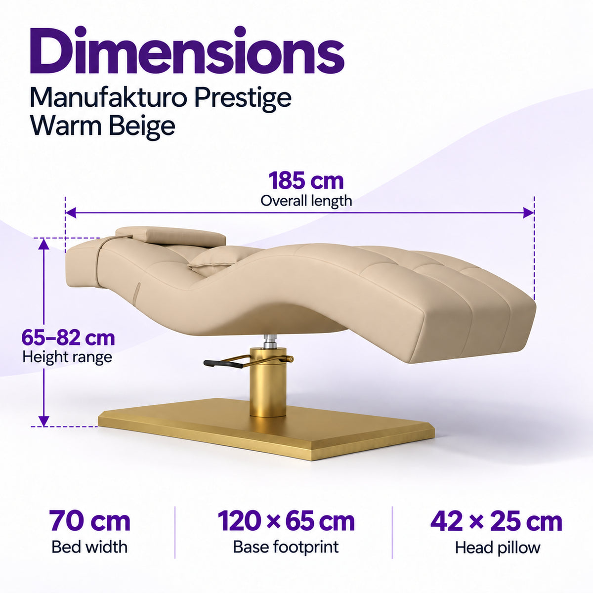 Manufakturo Prestige Warm Beige dimensions: 185 cm length, 70 cm width, 65–82 cm height range, base 120 x 65 cm and head pillow 42 x 25 cm.
