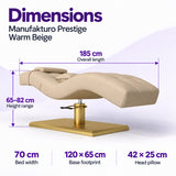 Manufakturo Prestige Warm Beige dimensions: 185 cm length, 70 cm width, 65–82 cm height range, base 120 x 65 cm and head pillow 42 x 25 cm.