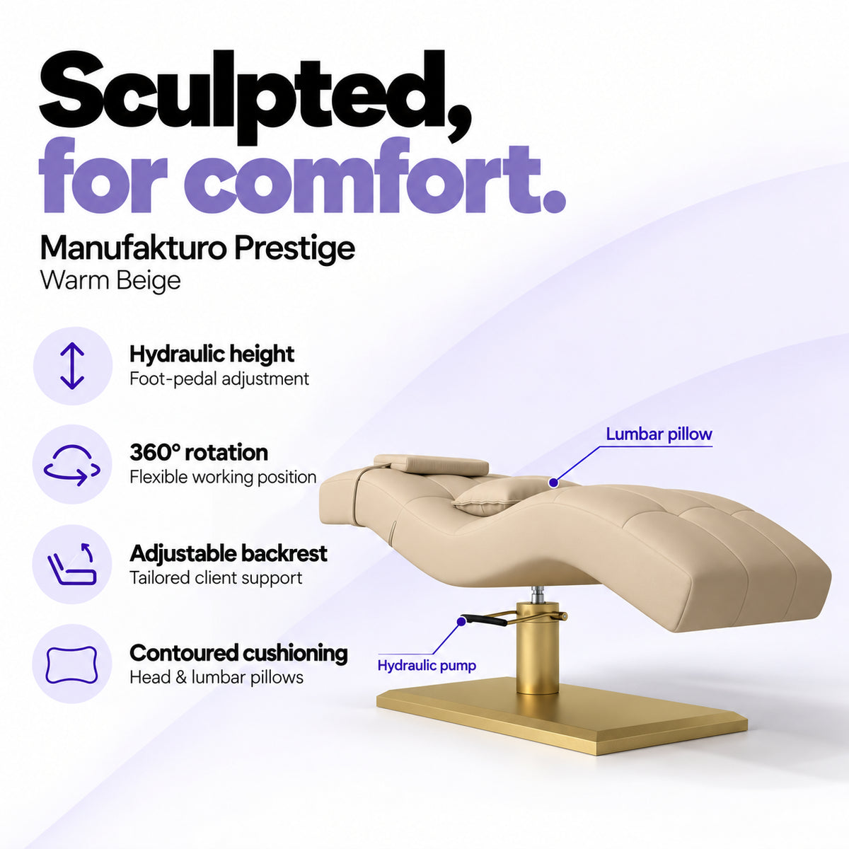 Manufakturo Prestige Warm Beige features: hydraulic height adjustment, 360-degree rotation, adjustable backrest and contoured cushioning.