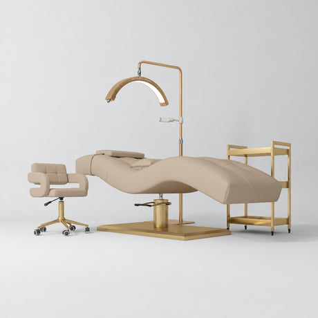 Manufakturo Prestige Warm Beige studio set with hydraulic lash bed, Serenity chair, V3 Pro Gold lamp and empty gold trolley.