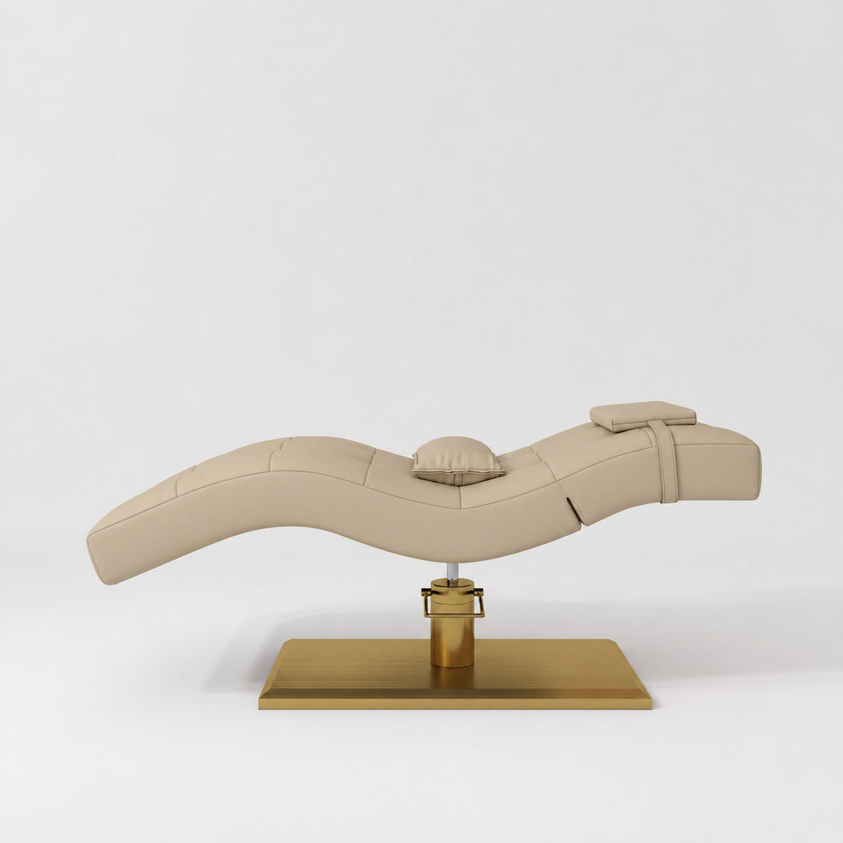 Manufakturo Prestige Warm Beige hydraulic eyelash bed, side elevation showing head and lumbar pillows and gold base.