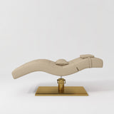 Manufakturo Prestige Warm Beige hydraulic eyelash bed, side elevation showing head and lumbar pillows and gold base.