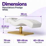 Manufakturo Prestige White dimensions: 185 cm long, 70 cm wide, height 65–82 cm, base 120 x 65 cm and head pillow 42 x 25 cm.
