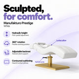 Manufakturo Prestige White hydraulic eyelash bed with foot-pedal height adjustment, 360-degree rotation, adjustable backrest and head and lumbar pillows.