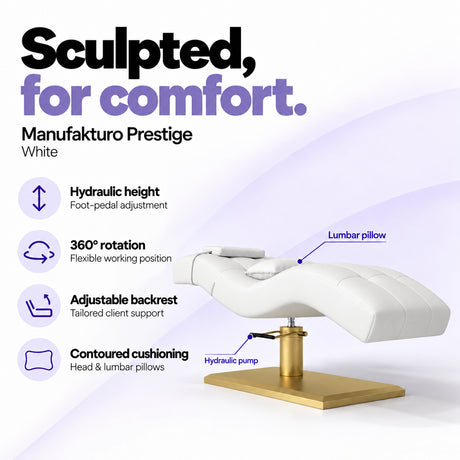 Manufakturo Prestige White hydraulic eyelash bed with foot-pedal height adjustment, 360-degree rotation, adjustable backrest and head and lumbar pillows.