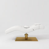 Manufakturo Prestige White hydraulic eyelash bed, side elevation showing head and lumbar pillows and gold base.