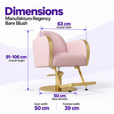 Manufakturo Regency Bare Blush styling chair dimensions: overall width 63 cm, overall height 91–106 cm, seat width 50 cm, base diameter 50 cm and footrest width 39 cm.