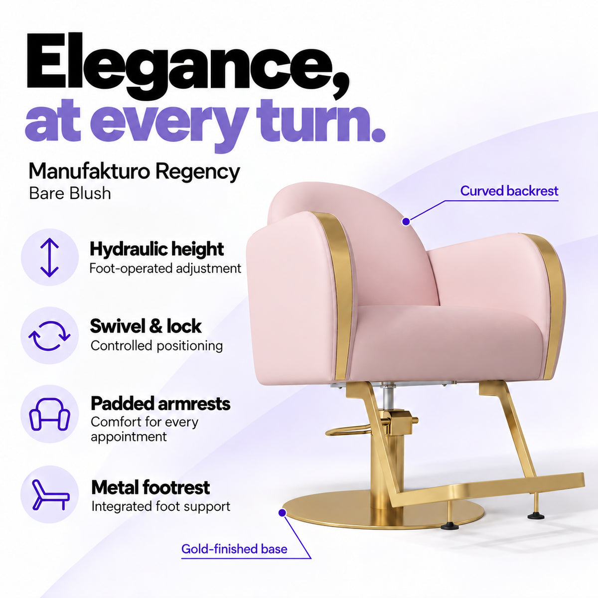 Manufakturo Regency Bare Blush styling chair with foot-operated hydraulic height adjustment, swivel and locking control, padded armrests, integrated metal footrest, curved backrest and gold-finished base.