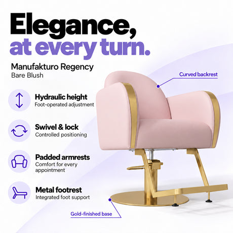 Manufakturo Regency Bare Blush styling chair with foot-operated hydraulic height adjustment, swivel and locking control, padded armrests, integrated metal footrest, curved backrest and gold-finished base.