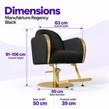 Manufakturo Regency Black styling chair dimensions: overall width 63 cm, overall height 91–106 cm, seat width 50 cm, base diameter 50 cm and footrest width 39 cm.