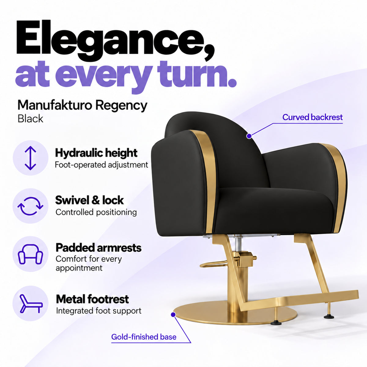 Manufakturo Regency Black styling chair with foot-operated hydraulic height adjustment, swivel and locking control, padded armrests, integrated metal footrest, curved backrest and gold-finished base.