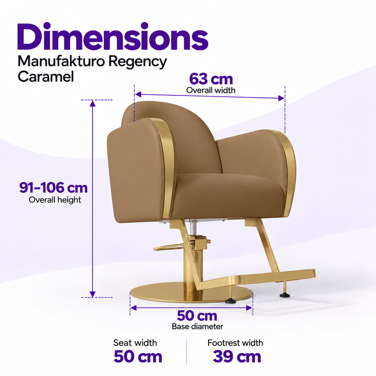 Manufakturo Regency Caramel styling chair dimensions: overall width 63 cm, overall height 91–106 cm, seat width 50 cm, base diameter 50 cm and footrest width 39 cm.