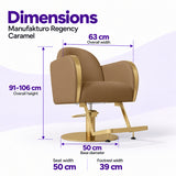 Manufakturo Regency Caramel styling chair dimensions: overall width 63 cm, overall height 91–106 cm, seat width 50 cm, base diameter 50 cm and footrest width 39 cm.