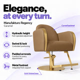 Manufakturo Regency Caramel styling chair with foot-operated hydraulic height adjustment, swivel and locking control, padded armrests, integrated metal footrest, curved backrest and gold-finished base.