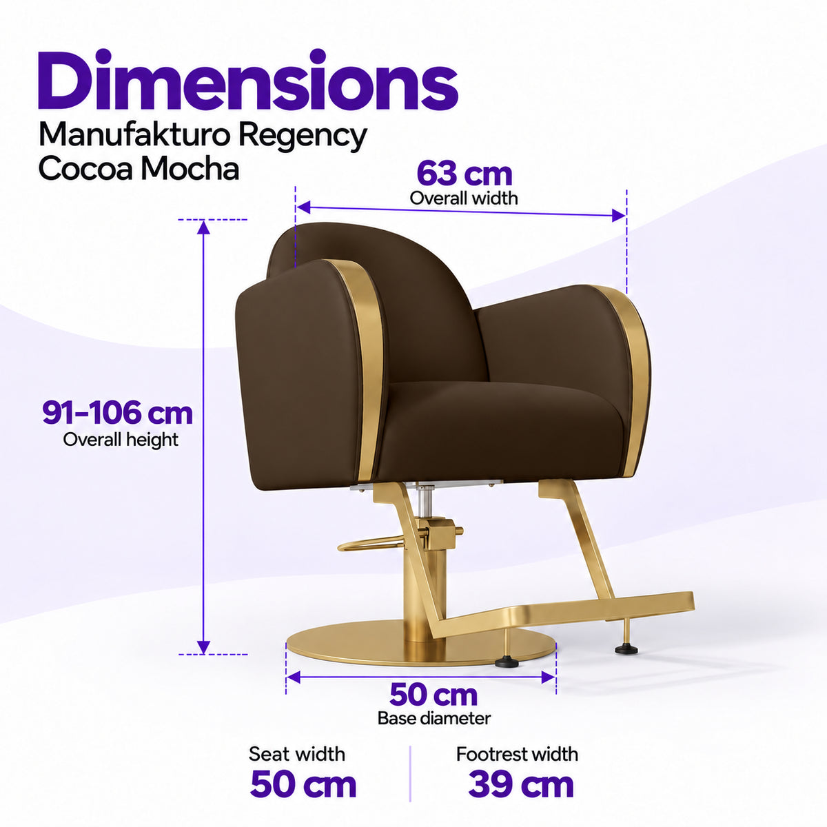 Manufakturo Regency Cocoa Mocha styling chair dimensions: overall width 63 cm, overall height 91–106 cm, seat width 50 cm, base diameter 50 cm and footrest width 39 cm.