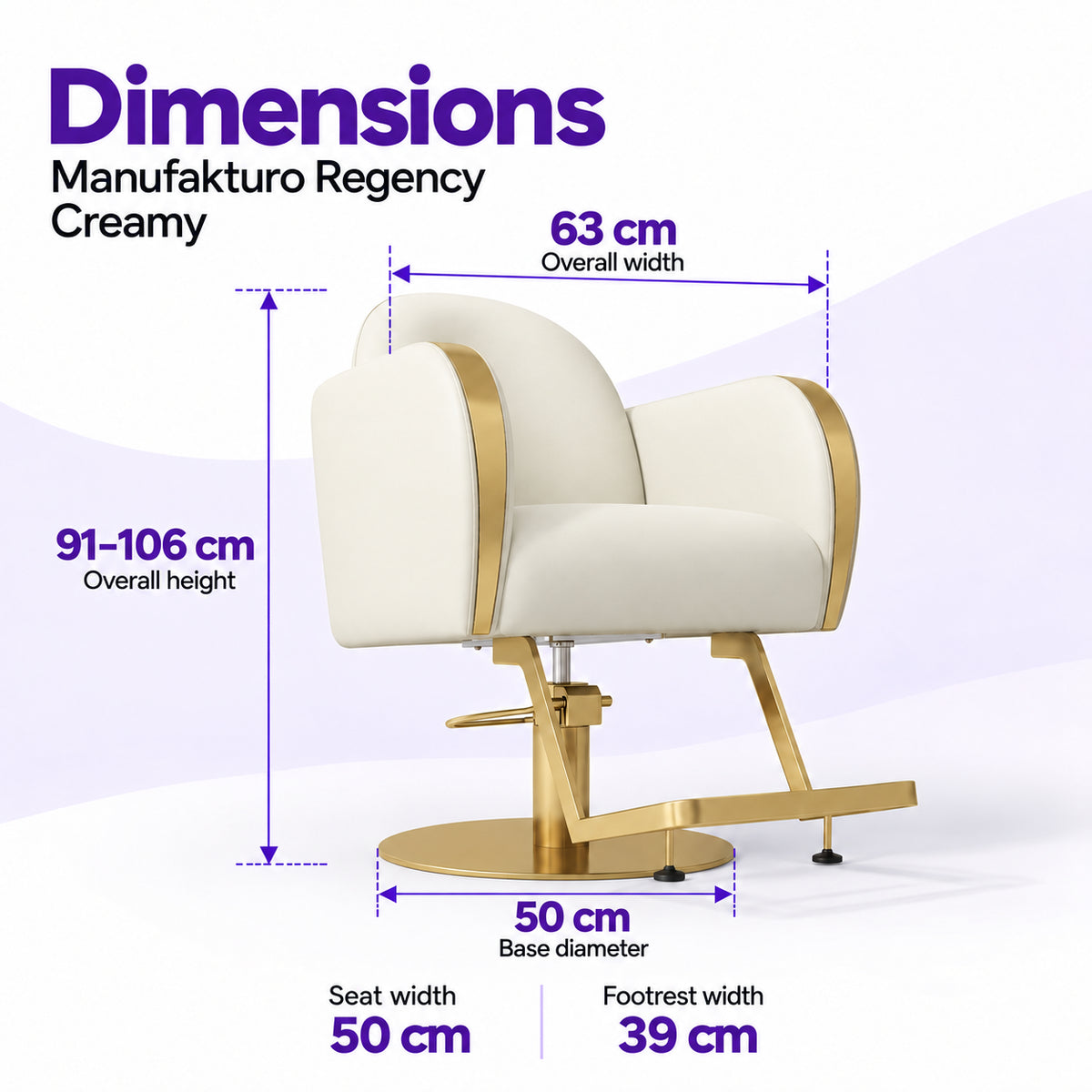 Manufakturo Regency Creamy styling chair dimensions: overall width 63 cm, overall height 91–106 cm, seat width 50 cm, base diameter 50 cm and footrest width 39 cm.