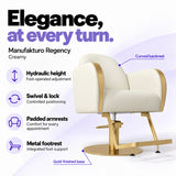 Manufakturo Regency Creamy styling chair with foot-operated hydraulic height adjustment, swivel and locking control, padded armrests, integrated metal footrest, curved backrest and gold-finished base.