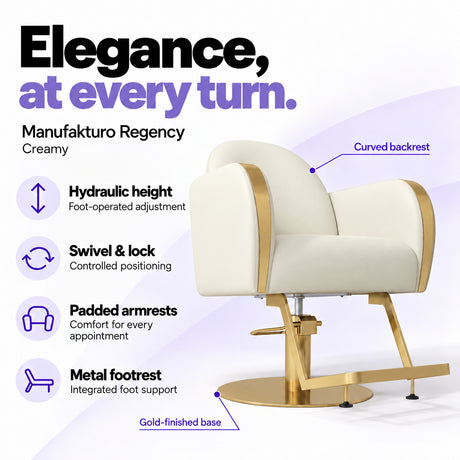 Manufakturo Regency Creamy styling chair with foot-operated hydraulic height adjustment, swivel and locking control, padded armrests, integrated metal footrest, curved backrest and gold-finished base.