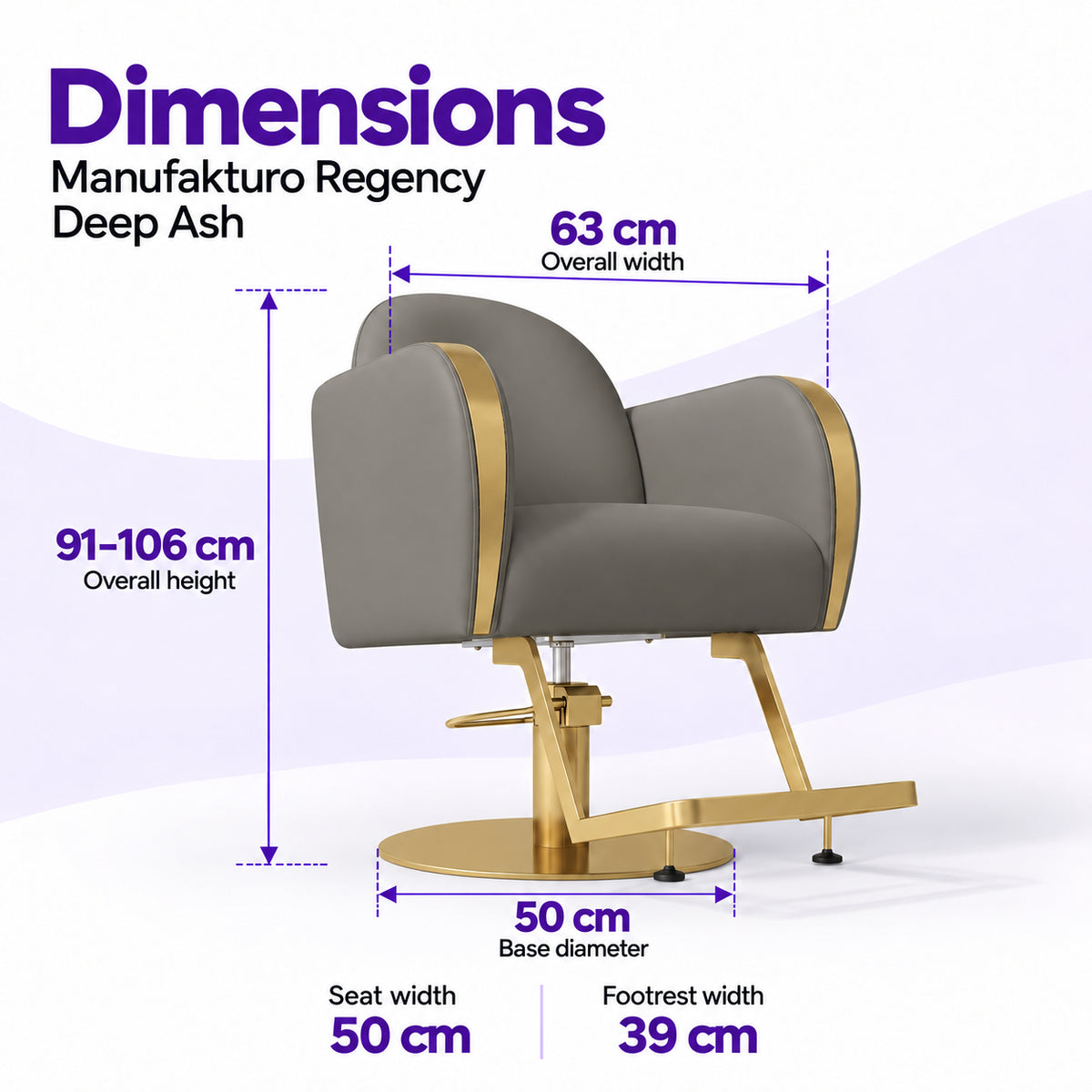Manufakturo Regency Deep Ash styling chair dimensions: overall width 63 cm, overall height 91–106 cm, seat width 50 cm, base diameter 50 cm and footrest width 39 cm.