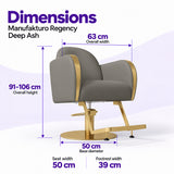 Manufakturo Regency Deep Ash styling chair dimensions: overall width 63 cm, overall height 91–106 cm, seat width 50 cm, base diameter 50 cm and footrest width 39 cm.