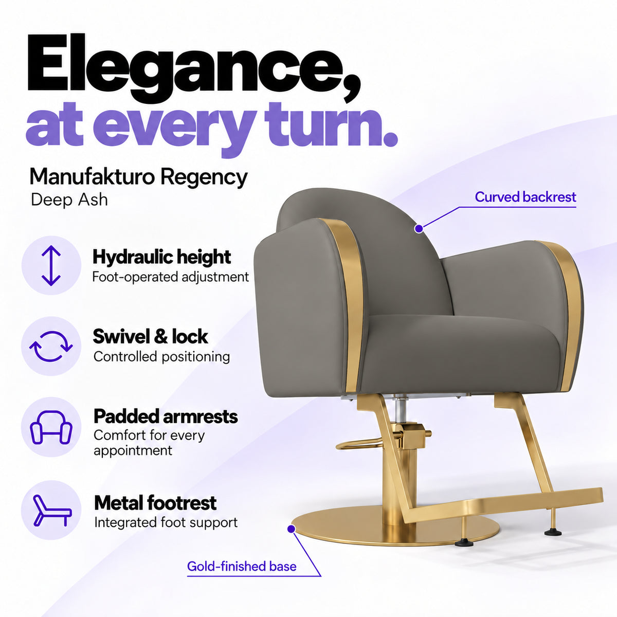 Manufakturo Regency Deep Ash styling chair with foot-operated hydraulic height adjustment, swivel and locking control, padded armrests, integrated metal footrest, curved backrest and gold-finished base.