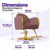 Manufakturo Regency Dusty Rose styling chair dimensions: overall width 63 cm, overall height 91–106 cm, seat width 50 cm, base diameter 50 cm and footrest width 39 cm.
