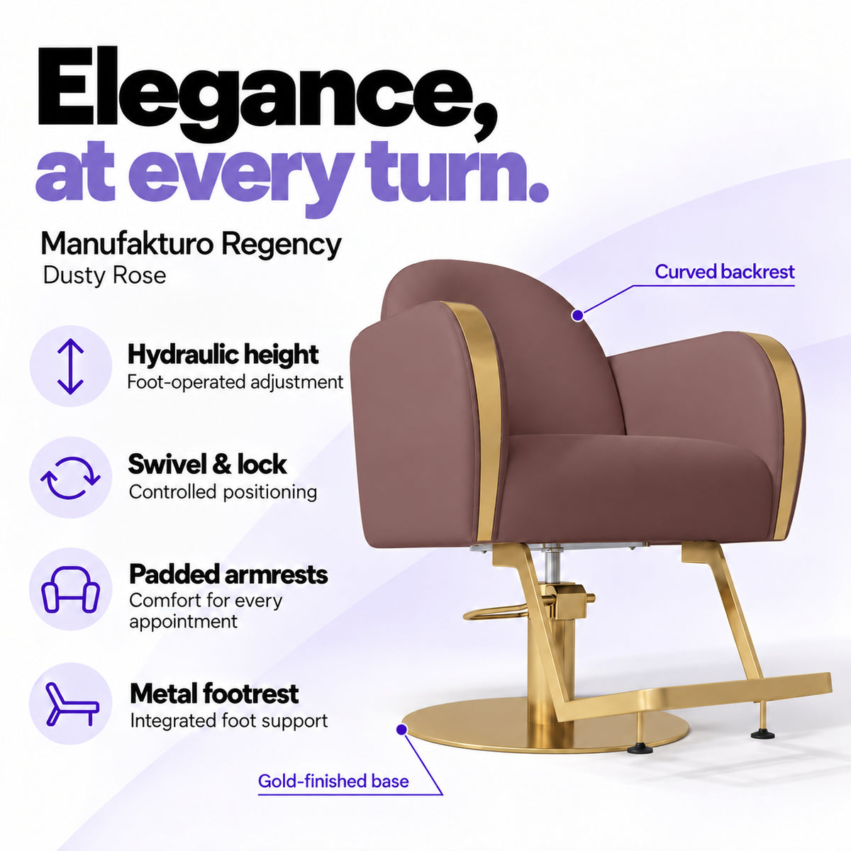 Manufakturo Regency Dusty Rose styling chair with foot-operated hydraulic height adjustment, swivel and locking control, padded armrests, integrated metal footrest, curved backrest and gold-finished base.