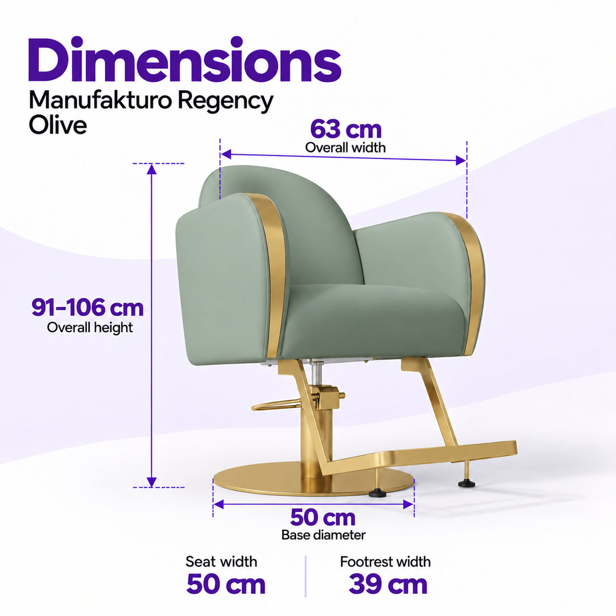 Manufakturo Regency Olive styling chair dimensions: overall width 63 cm, overall height 91–106 cm, seat width 50 cm, base diameter 50 cm and footrest width 39 cm.
