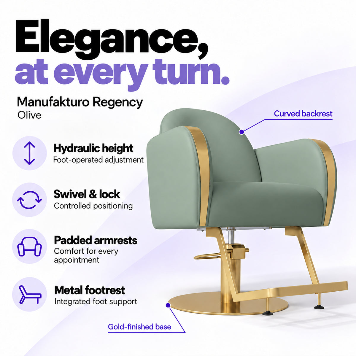 Manufakturo Regency Olive styling chair with foot-operated hydraulic height adjustment, swivel and locking control, padded armrests, integrated metal footrest, curved backrest and gold-finished base.