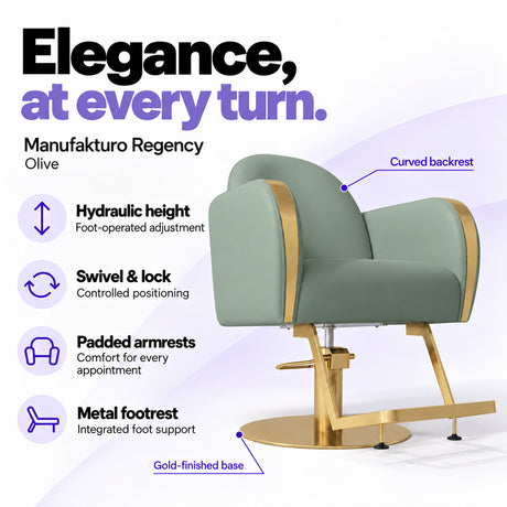 Manufakturo Regency Olive styling chair with foot-operated hydraulic height adjustment, swivel and locking control, padded armrests, integrated metal footrest, curved backrest and gold-finished base.