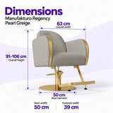 Manufakturo Regency Pearl Greige styling chair dimensions: overall width 63 cm, overall height 91–106 cm, seat width 50 cm, base diameter 50 cm and footrest width 39 cm.