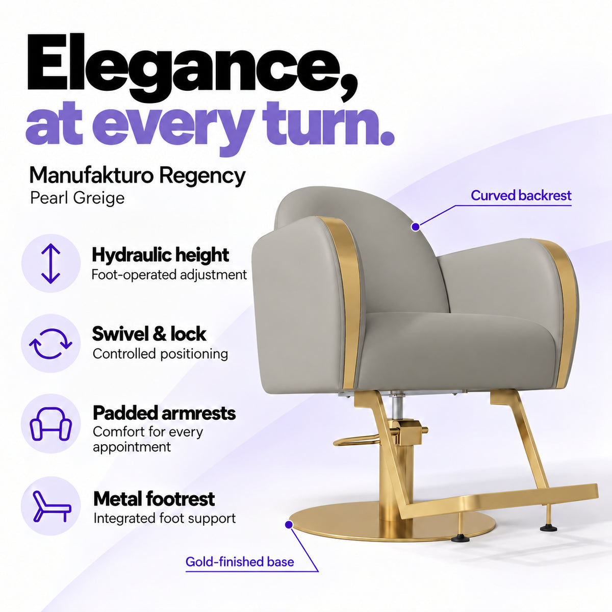 Manufakturo Regency Pearl Greige styling chair with foot-operated hydraulic height adjustment, swivel and locking control, padded armrests, integrated metal footrest, curved backrest and gold-finished base.