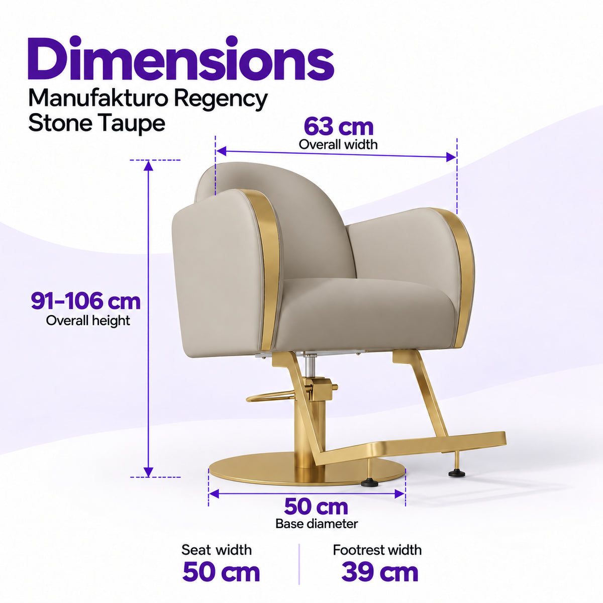Manufakturo Regency Stone Taupe styling chair dimensions: overall width 63 cm, overall height 91–106 cm, seat width 50 cm, base diameter 50 cm and footrest width 39 cm.
