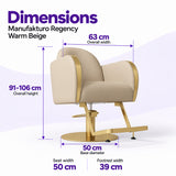 Manufakturo Regency Warm Beige styling chair dimensions: overall width 63 cm, overall height 91–106 cm, seat width 50 cm, base diameter 50 cm and footrest width 39 cm.