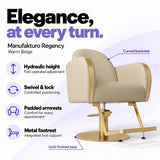 Manufakturo Regency Warm Beige styling chair with foot-operated hydraulic height adjustment, swivel and locking control, padded armrests, integrated metal footrest, curved backrest and gold-finished base.
