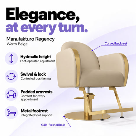 Manufakturo Regency Warm Beige styling chair with foot-operated hydraulic height adjustment, swivel and locking control, padded armrests, integrated metal footrest, curved backrest and gold-finished base.