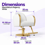 Manufakturo Regency White styling chair dimensions: overall width 63 cm, overall height 91–106 cm, seat width 50 cm, base diameter 50 cm and footrest width 39 cm.