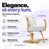 Manufakturo Regency White styling chair with foot-operated hydraulic height adjustment, swivel and locking control, padded armrests, integrated metal footrest, curved backrest and gold-finished base.