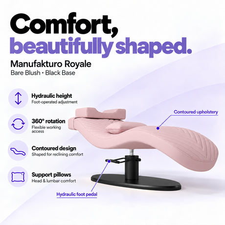 Manufakturo Royale Bare Blush lash bed with black base, hydraulic height adjustment, 360-degree rotation, contoured upholstery and head and lumbar pillows.