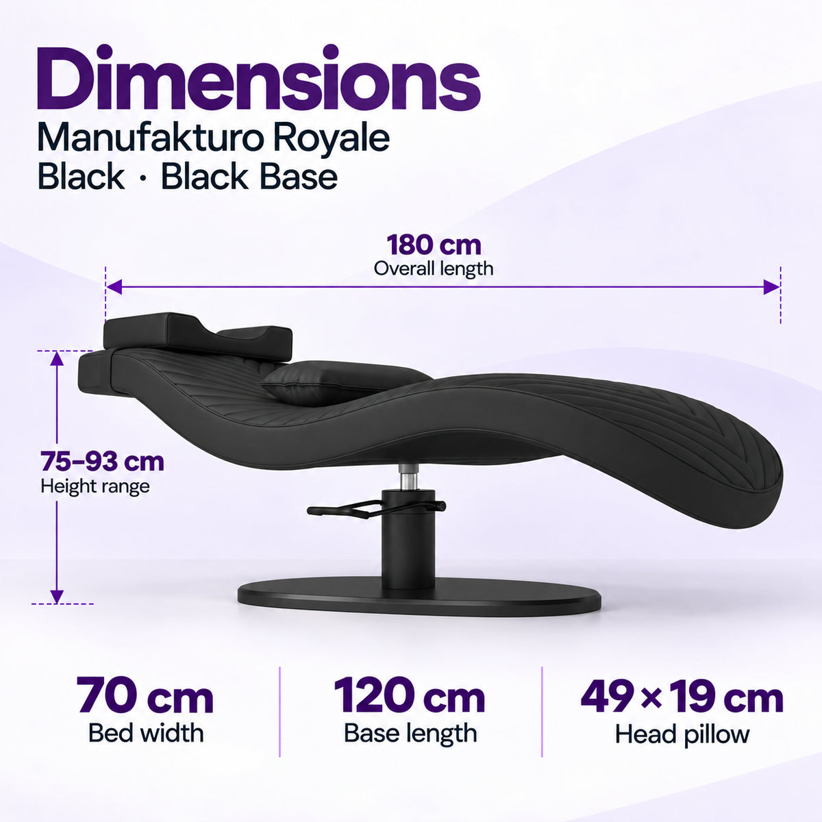 Manufakturo Royale Black lash bed with black base: 180 cm length, 70 cm width, 75–93 cm height range, 120 cm base length and 49 x 19 cm head pillow.
