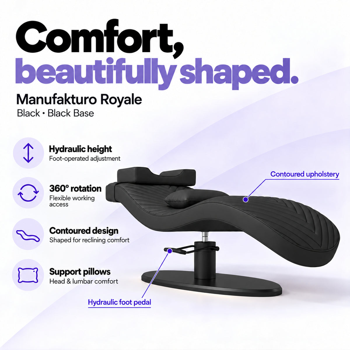 Manufakturo Royale Black lash bed with black base, hydraulic height adjustment, 360-degree rotation, contoured upholstery and head and lumbar pillows.
