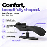 Manufakturo Royale Black lash bed with black base, hydraulic height adjustment, 360-degree rotation, contoured upholstery and head and lumbar pillows.