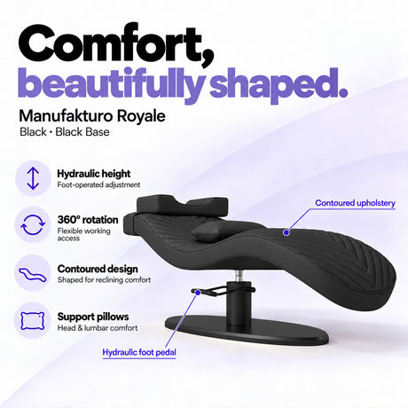 Manufakturo Royale Black lash bed with black base, hydraulic height adjustment, 360-degree rotation, contoured upholstery and head and lumbar pillows.