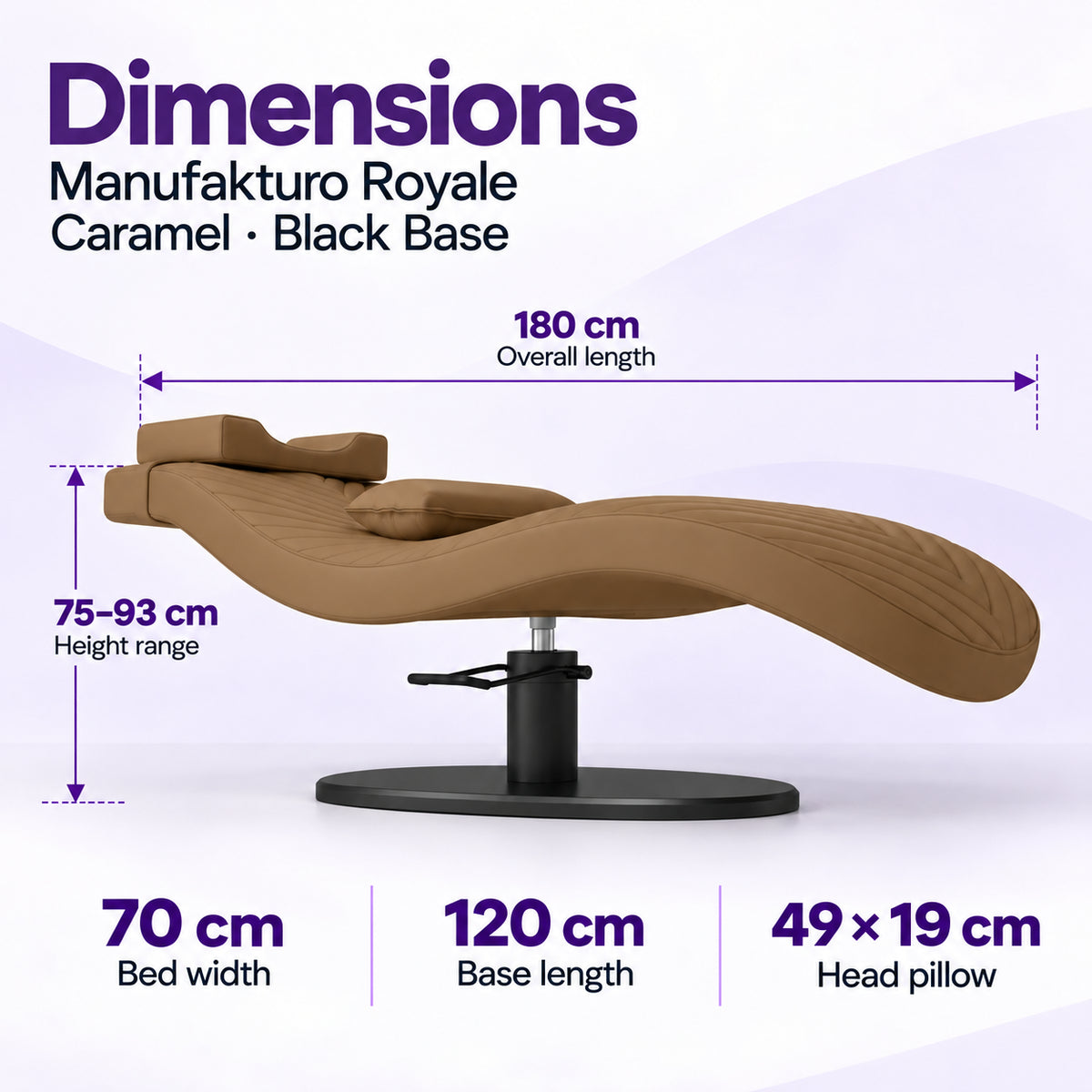 Manufakturo Royale Caramel lash bed with black base: 180 cm length, 70 cm width, 75–93 cm height range, 120 cm base length and 49 x 19 cm head pillow.