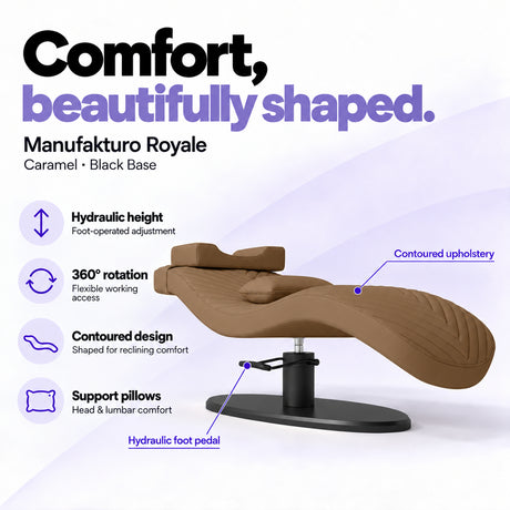 Manufakturo Royale Caramel lash bed with black base, hydraulic height adjustment, 360-degree rotation, contoured upholstery and head and lumbar pillows.
