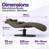 Manufakturo Royale Cocoa Mocha lash bed with black base: 180 cm length, 70 cm width, 75–93 cm height range, 120 cm base length and 49 x 19 cm head pillow.