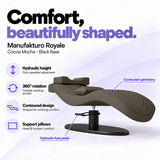 Manufakturo Royale Cocoa Mocha lash bed with black base, hydraulic height adjustment, 360-degree rotation, contoured upholstery and head and lumbar pillows.