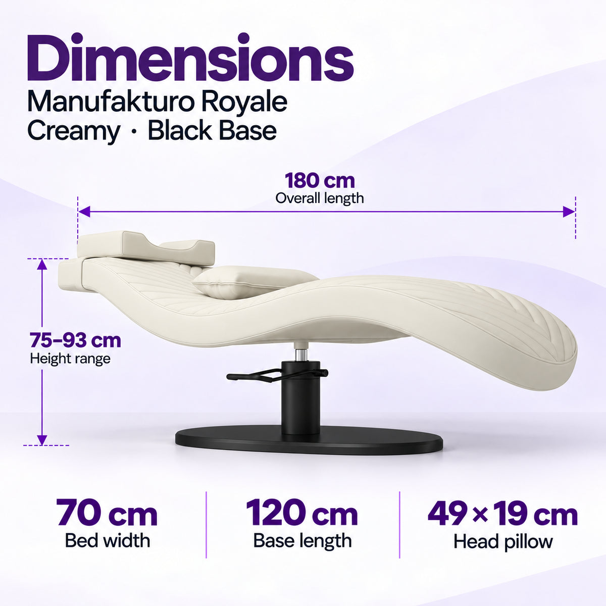 Manufakturo Royale Creamy lash bed with black base: 180 cm length, 70 cm width, 75–93 cm height range, 120 cm base length and 49 x 19 cm head pillow.