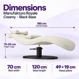 Manufakturo Royale Creamy lash bed with black base: 180 cm length, 70 cm width, 75–93 cm height range, 120 cm base length and 49 x 19 cm head pillow.